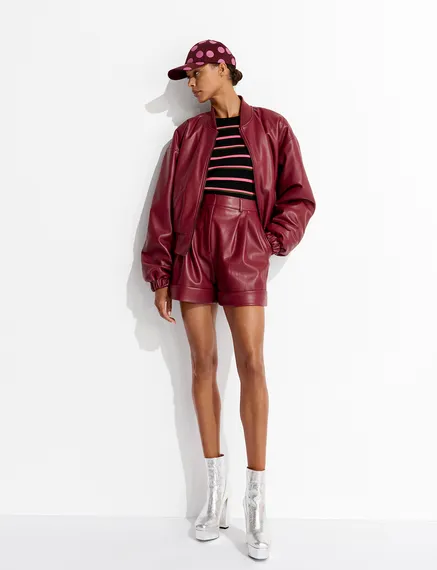 Burgundy faux leather bomber jacket