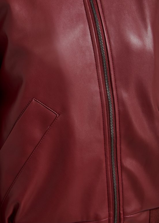 Burgundy faux leather bomber jacket