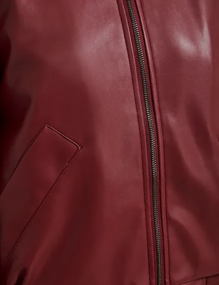 Burgundy faux leather bomber jacket