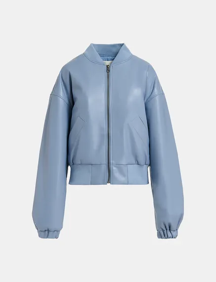 Powder blue faux leather bomber jacket