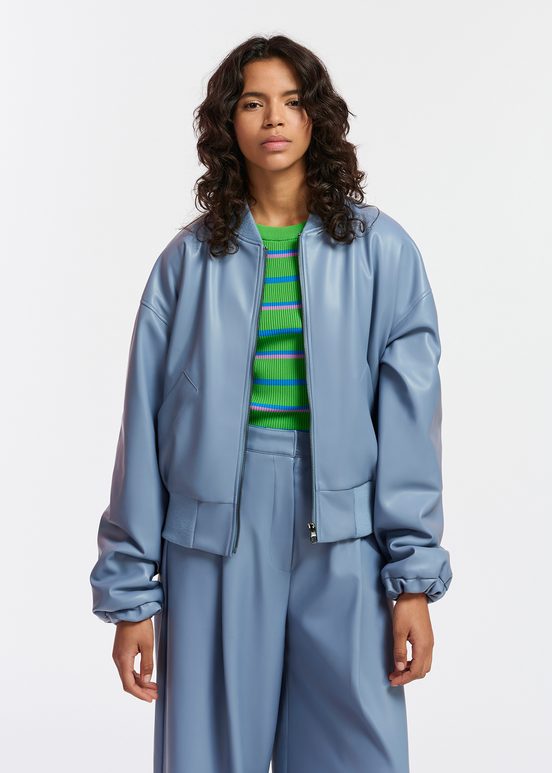 Blouson aviateur en faux cuir bleu poudre