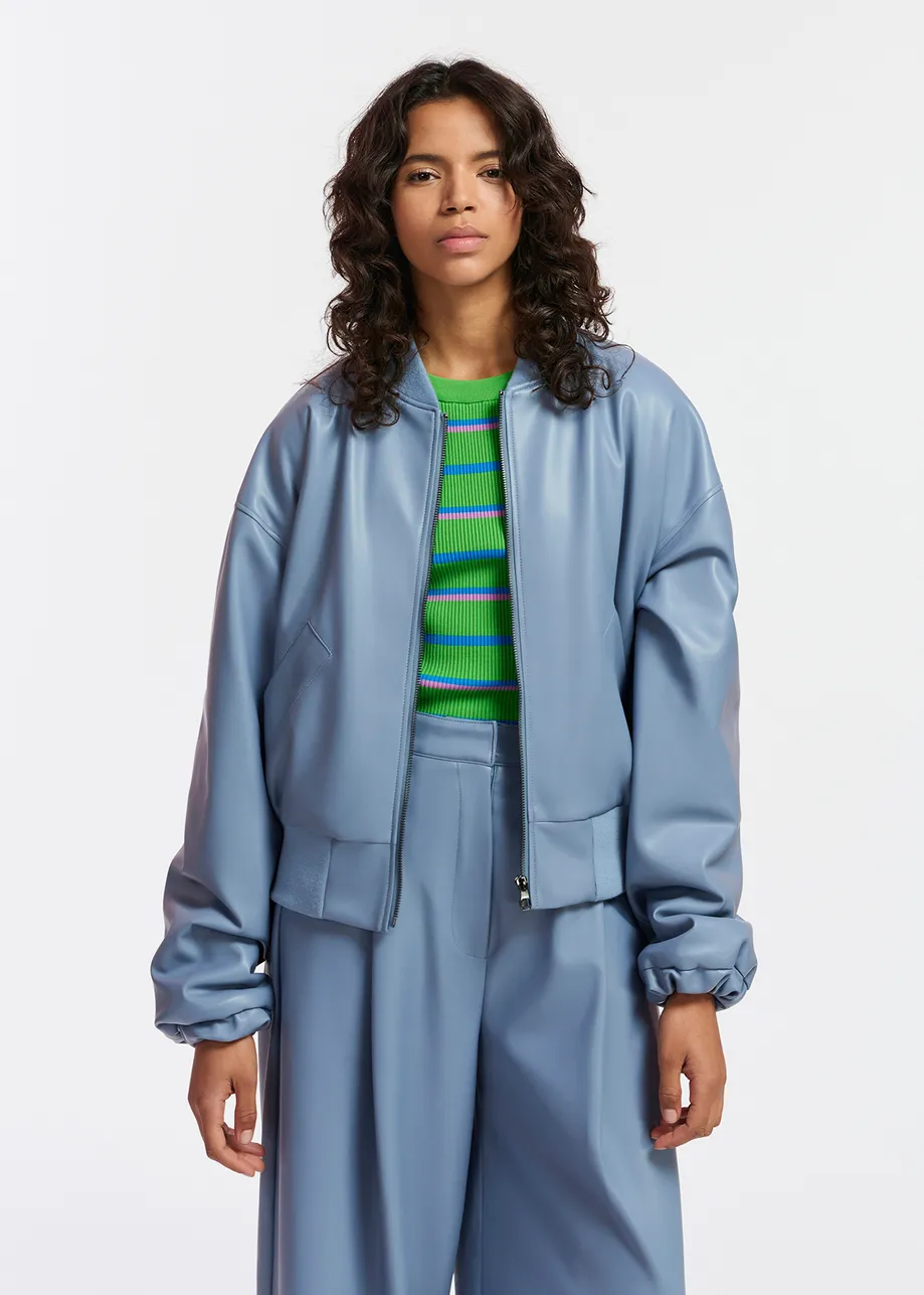 Powder blue faux leather bomber jacket
