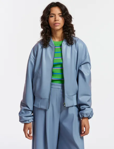 Blouson aviateur en faux cuir bleu poudre