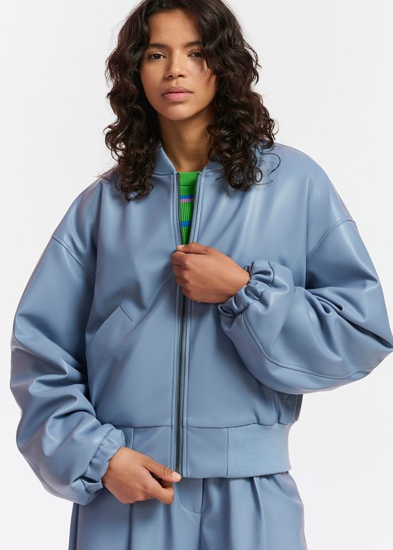 Powder blue faux leather bomber jacket