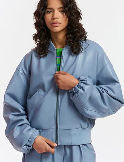 Powder blue faux leather bomber jacket