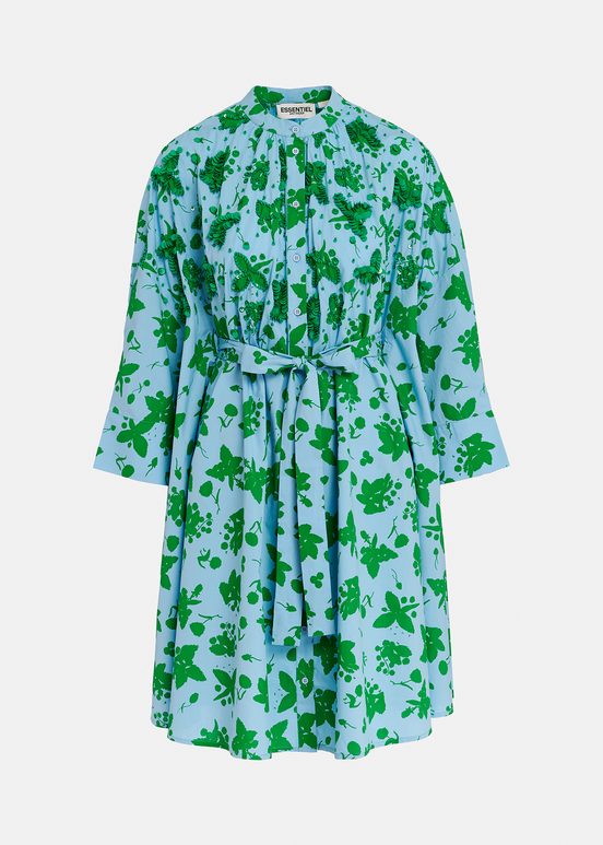 Green and light blue floral print knee-length shirt dress