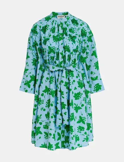 Green and light blue floral print knee-length shirt dress