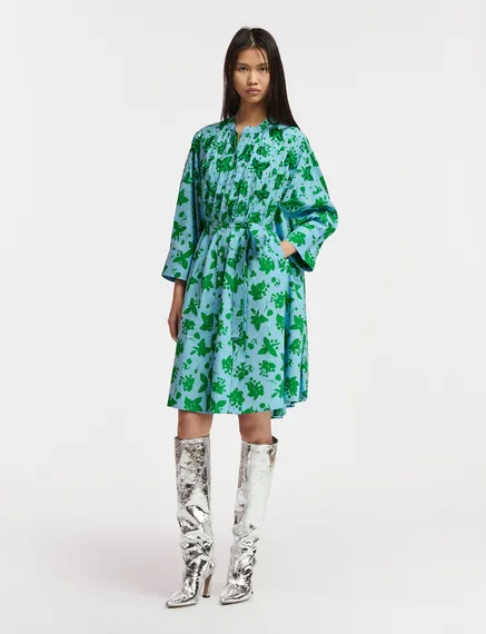 Green and light blue floral print knee-length shirt dress