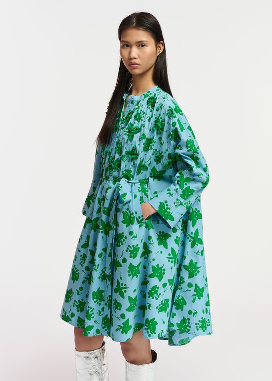 Green and light blue floral print knee-length shirt dress