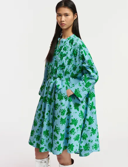 Green and light blue floral print knee-length shirt dress