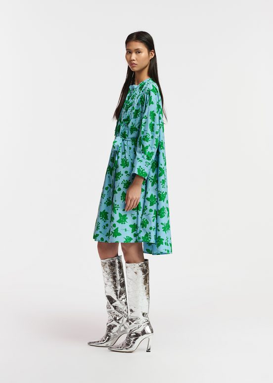 Green and light blue floral print knee-length shirt dress