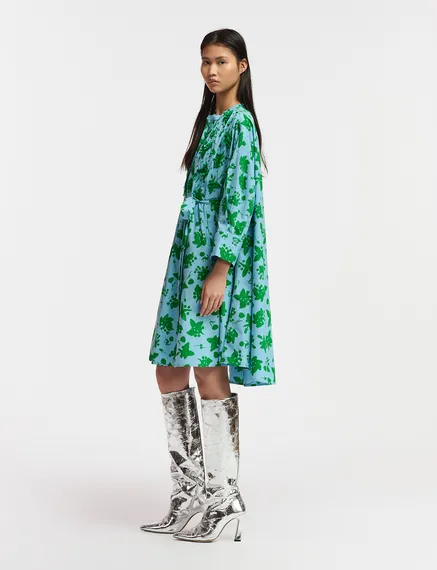 Green and light blue floral print knee-length shirt dress