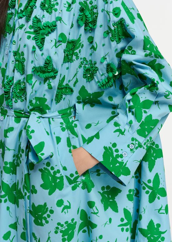 Green and light blue floral print knee-length shirt dress