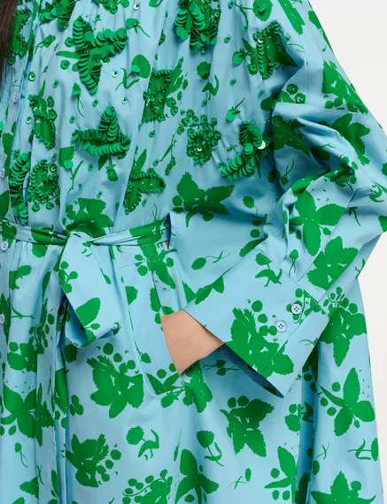 Green and light blue floral print knee-length shirt dress