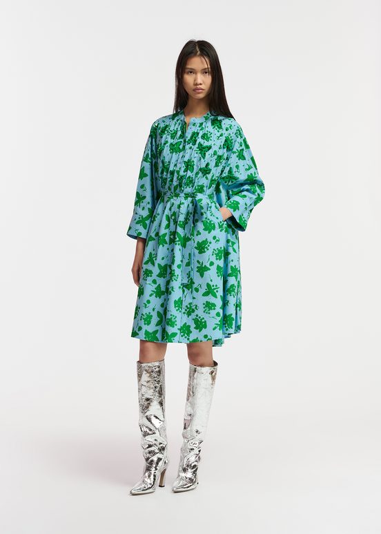 Green and light blue floral print knee-length shirt dress