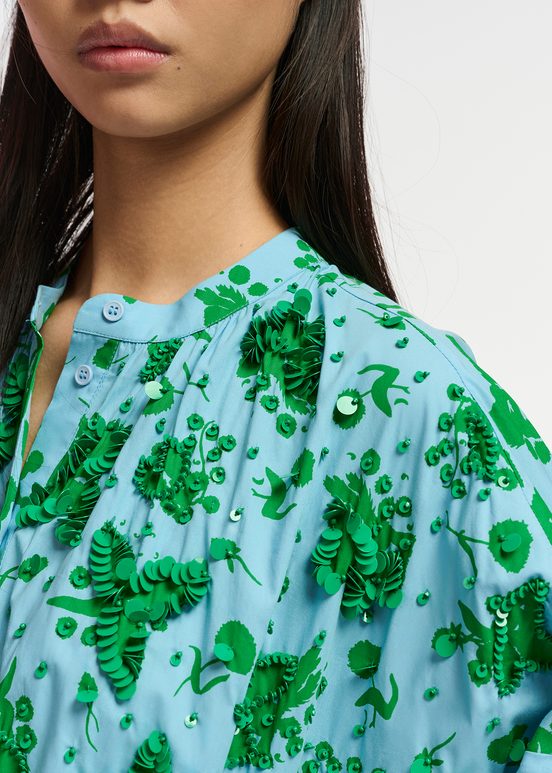 Green and light blue floral print knee-length shirt dress