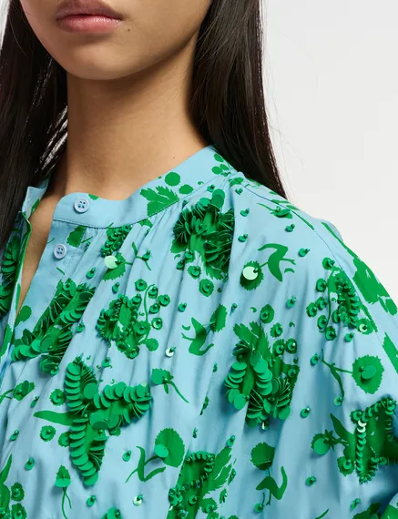 Green and light blue floral print knee-length shirt dress