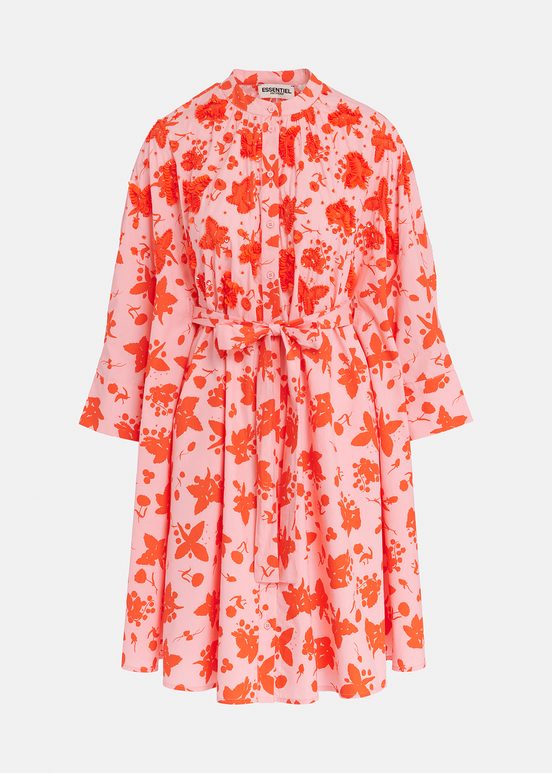 Light pink and red floral print knee-length shirt dress