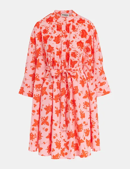 Light pink and red floral print knee-length shirt dress