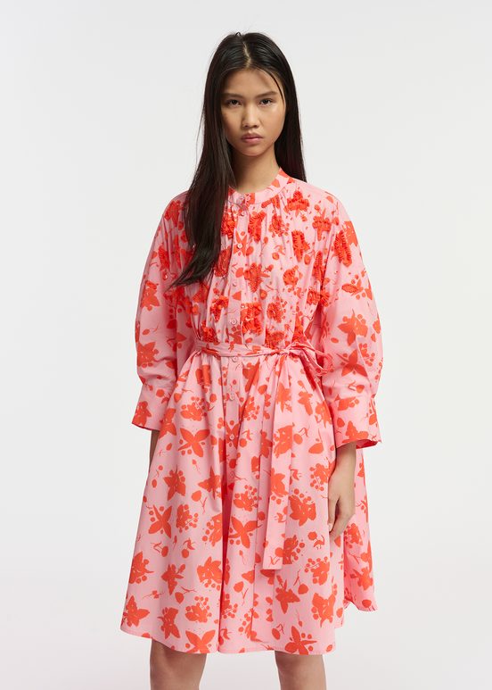 Light pink and red floral print knee-length shirt dress