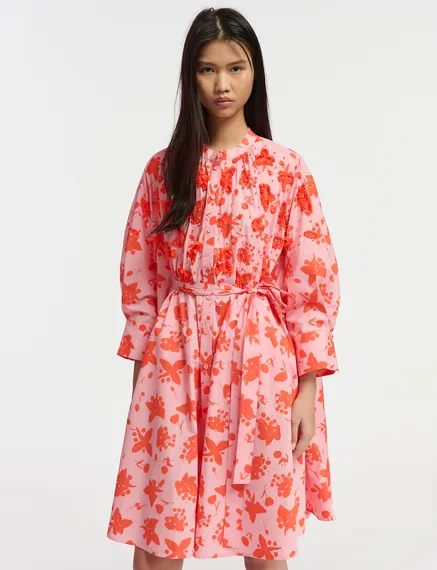 Light pink and red floral print knee-length shirt dress