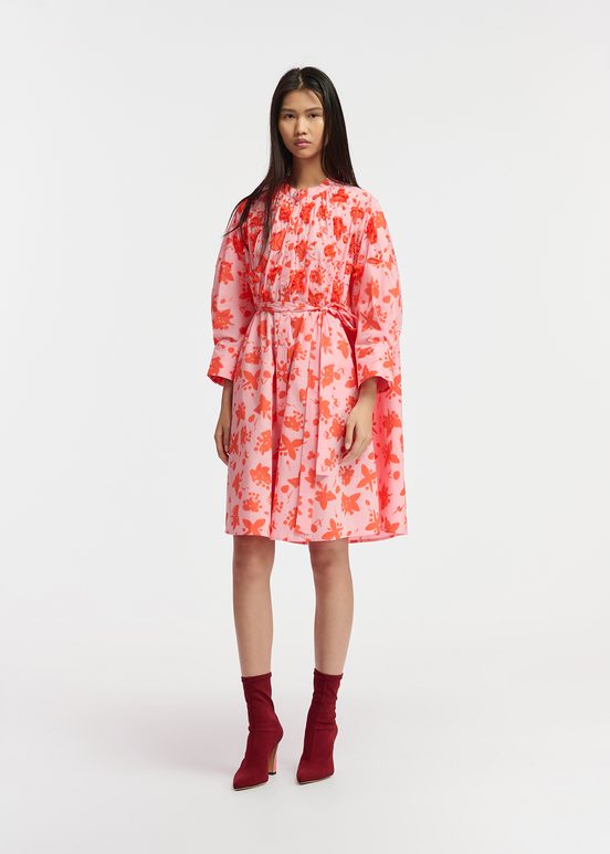 Light pink and red floral print knee-length shirt dress