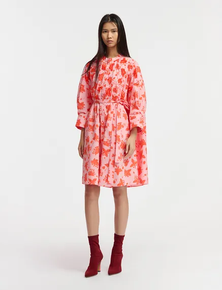 Light pink and red floral print knee-length shirt dress