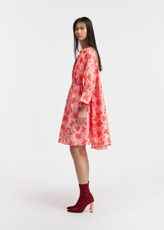 Light pink and red floral print knee-length shirt dress