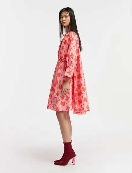 Light pink and red floral print knee-length shirt dress