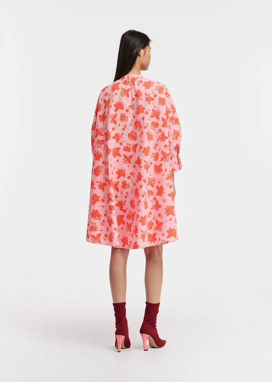 Light pink and red floral print knee-length shirt dress