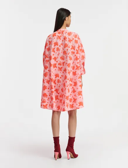 Light pink and red floral print knee-length shirt dress