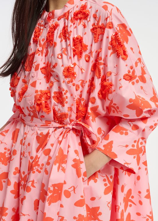 Light pink and red floral print knee-length shirt dress