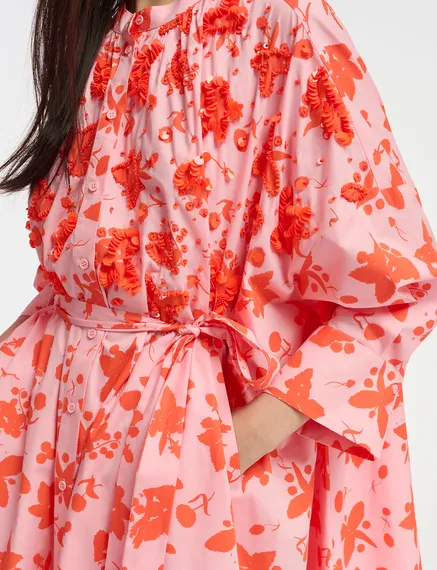 Light pink and red floral print knee-length shirt dress