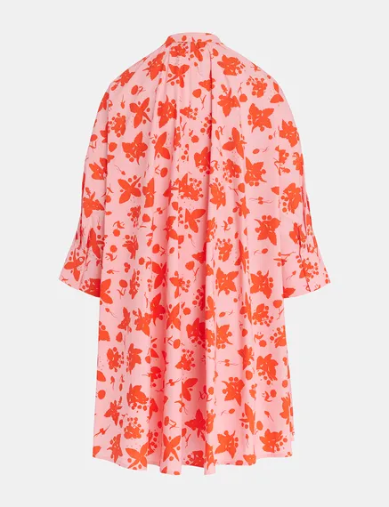 Light pink and red floral print knee-length shirt dress