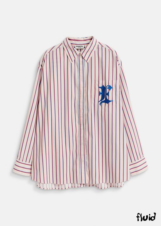 Ecru, burgundy and blue striped cotton shirt with 'E' embroidery