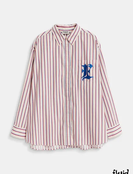 Ecru, burgundy and blue striped cotton shirt with 'E' embroidery