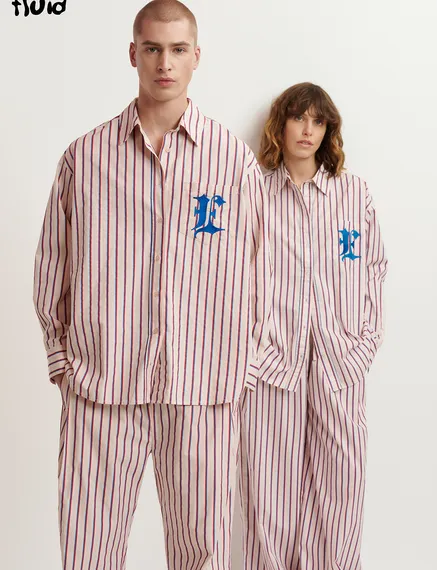 Ecru, burgundy and blue striped cotton shirt with 'E' embroidery