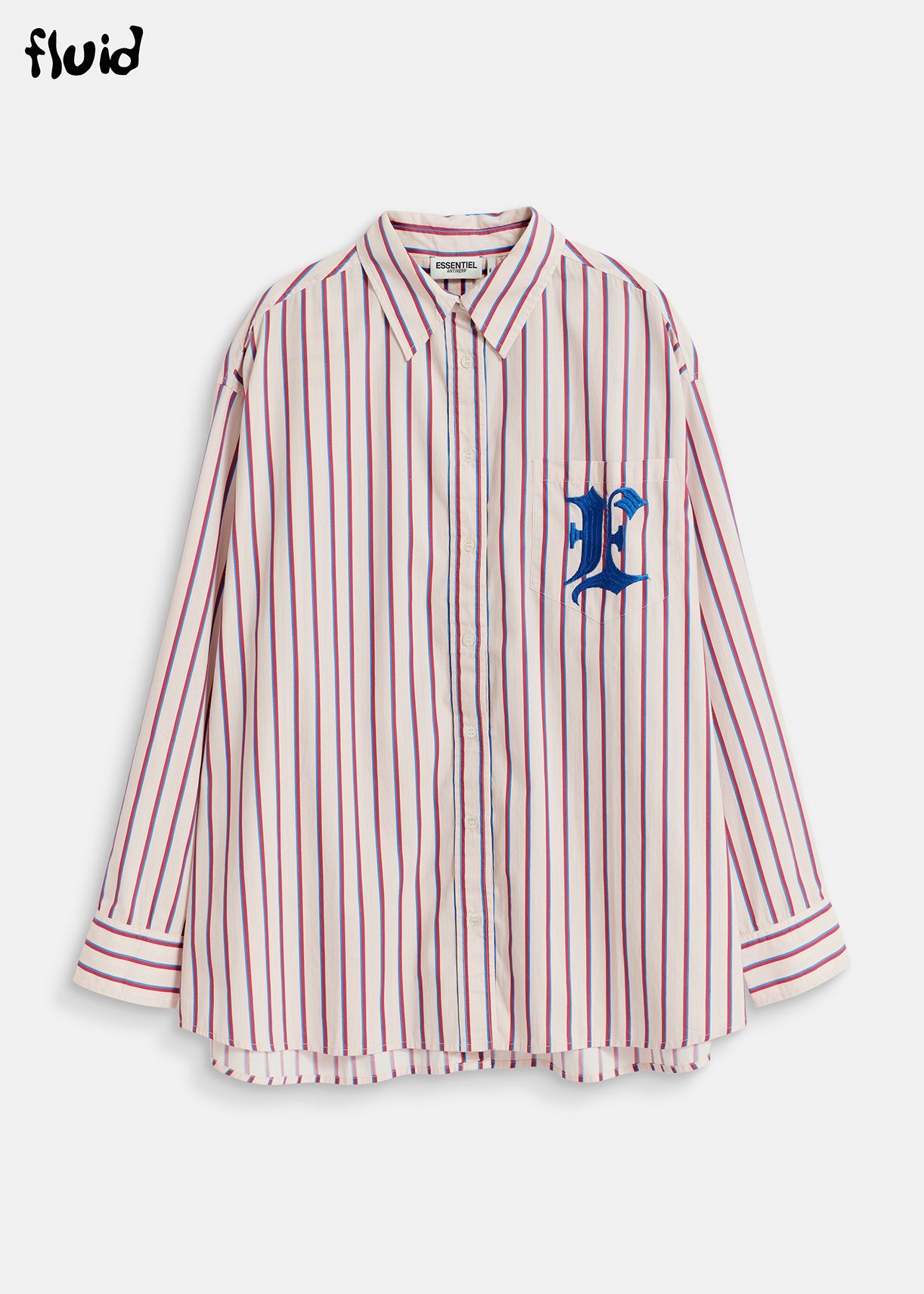 Ecru, burgundy and blue striped cotton shirt with 'E' embroidery