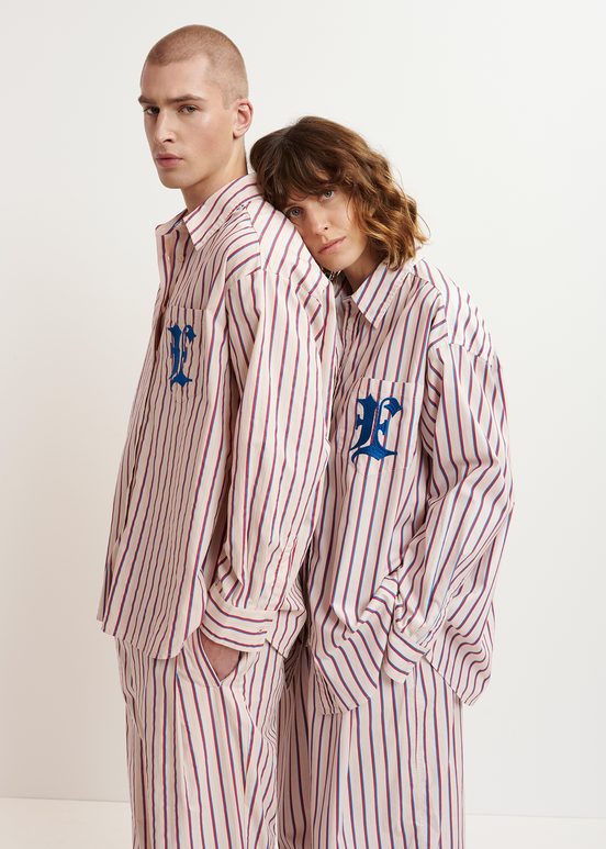 Ecru, burgundy and blue striped cotton shirt with 'E' embroidery