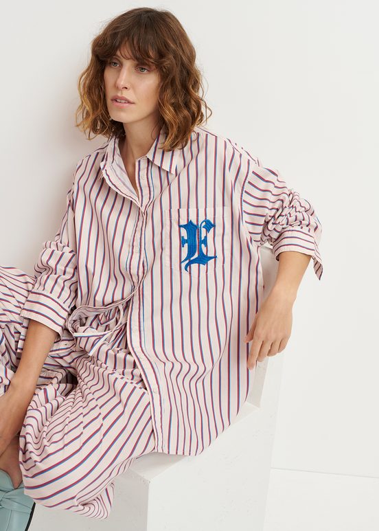 Ecru, burgundy and blue striped cotton shirt with 'E' embroidery