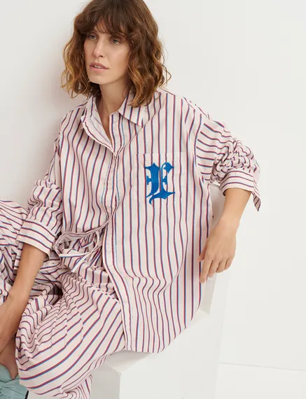 Ecru, burgundy and blue striped cotton shirt with 'E' embroidery