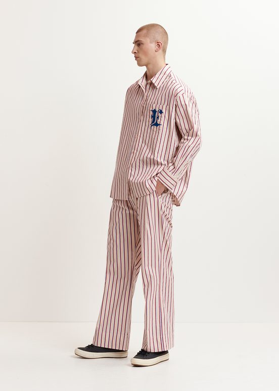 Ecru, burgundy and blue striped cotton shirt with 'E' embroidery