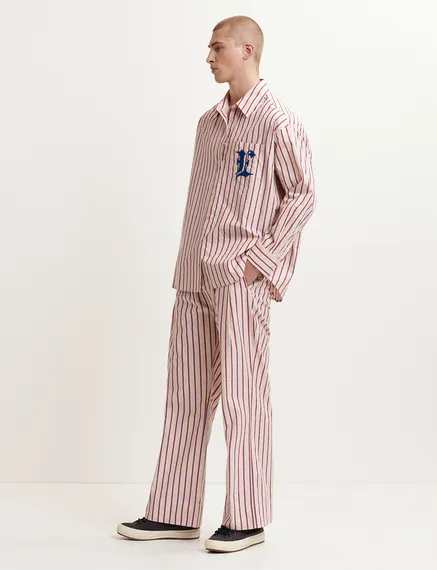 Ecru, burgundy and blue striped cotton shirt with 'E' embroidery