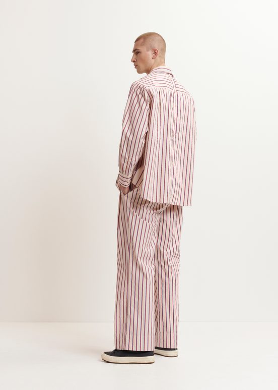 Ecru, burgundy and blue striped cotton shirt with 'E' embroidery