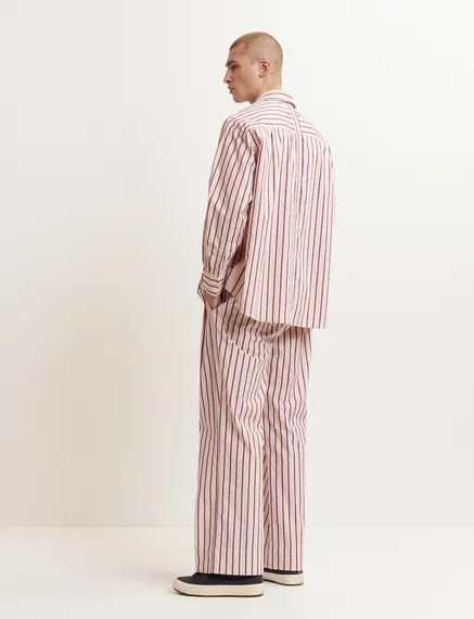 Ecru, burgundy and blue striped cotton shirt with 'E' embroidery