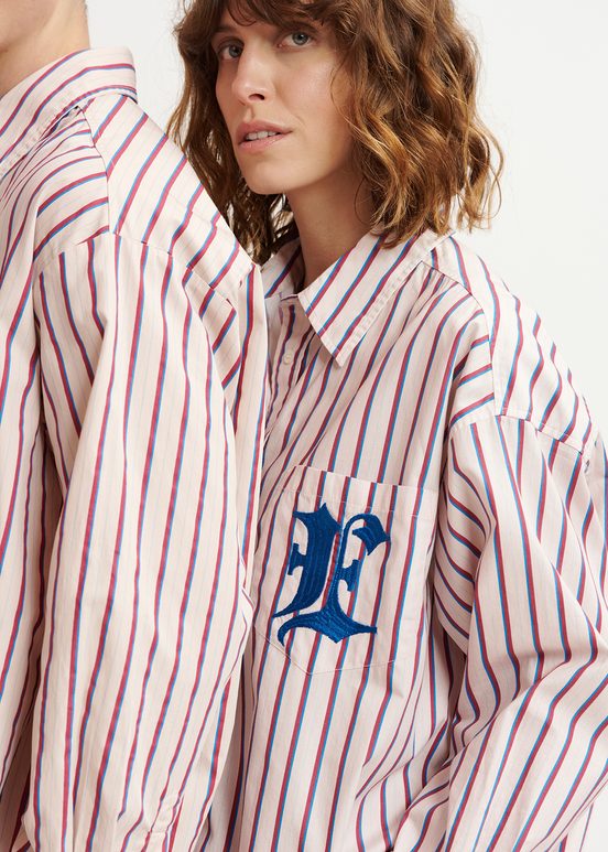 Ecru, burgundy and blue striped cotton shirt with 'E' embroidery