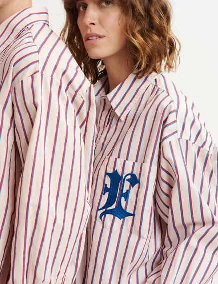 Ecru, burgundy and blue striped cotton shirt with 'E' embroidery