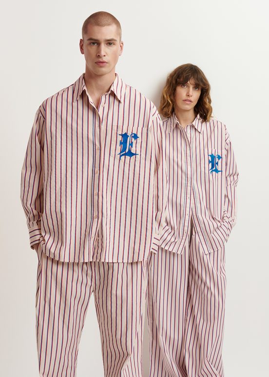 Ecru, burgundy and blue striped cotton shirt with 'E' embroidery