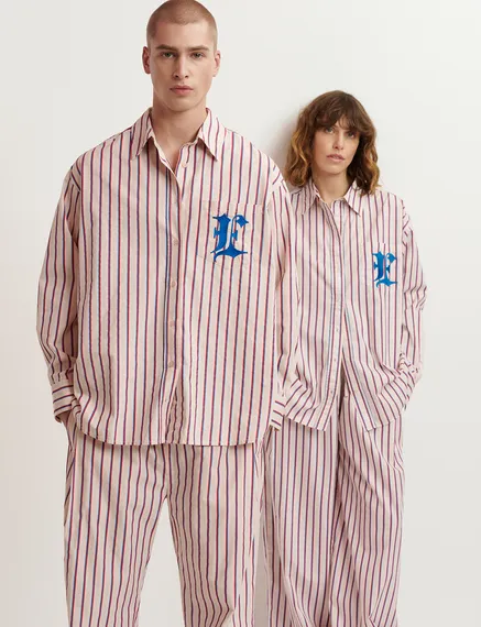 Ecru, burgundy and blue striped cotton shirt with 'E' embroidery