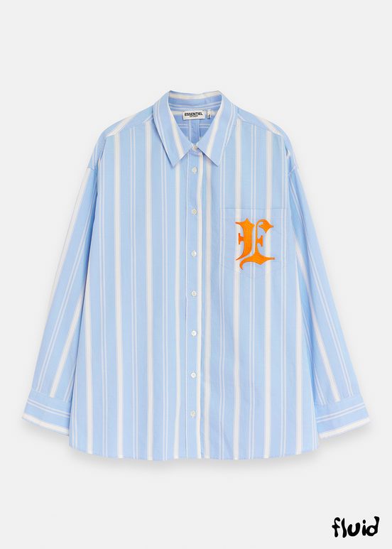 Blue, white and orange striped cotton shirt with 'E' embroidery